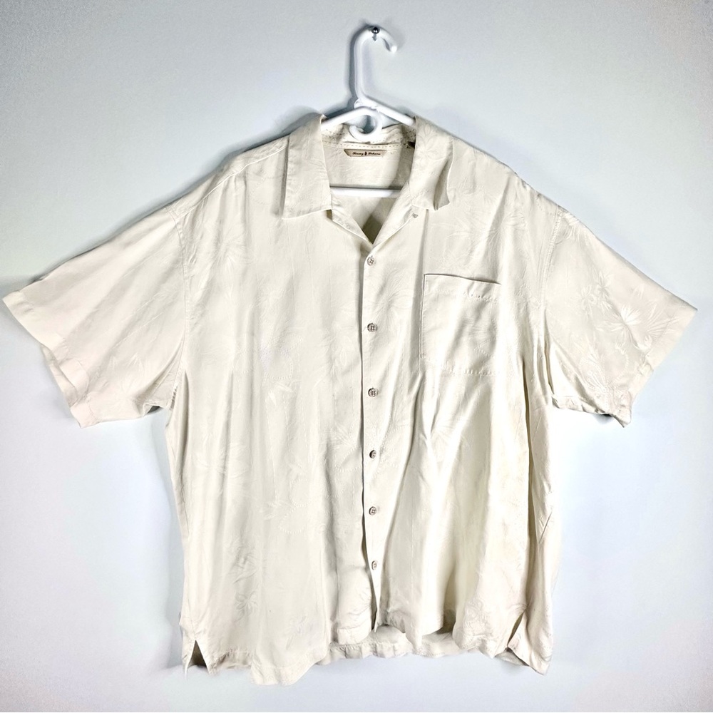 Tommy Bahama Silk White Camp Embroidered Hibiscus Hawaiian Wedding Shirt | XXL